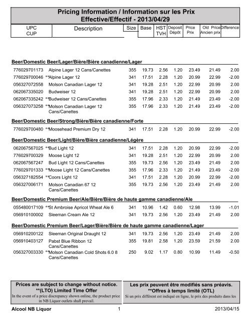 Pricing Information / Information sur les Prix ... - Alcool NB Liquor