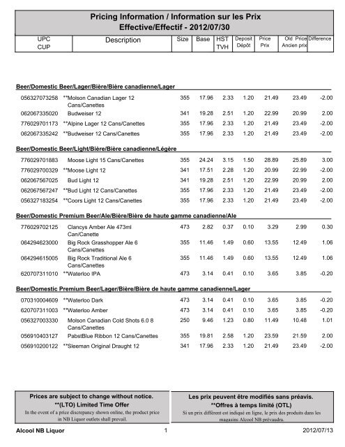 Pricing Information / Information sur les Prix ... - Alcool NB Liquor