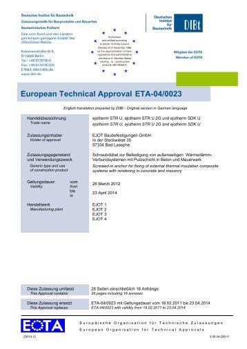 European Technical Approval ETA-04/0023 - EJOT