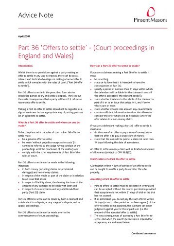 Part 36 'Offers to settle' - April 07.qxp - Pinsent Masons