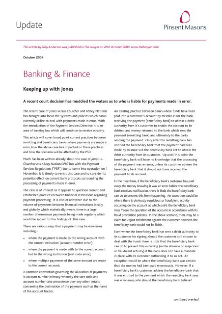 Article - Keeping up with Jones - Nov 09.qxd - Pinsent Masons