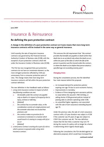 Re-defining the pure protection contract - July 07 ... - Pinsent Masons