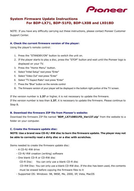 System Firmware Update Instructions For p Lx71 p Pioneer System Firmware Update Instructions For p Lx71 p Pioneer