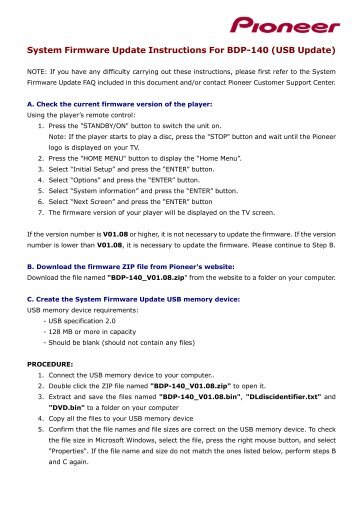 System Firmware Update Instructions For BDP-140 (USB ... - Pioneer