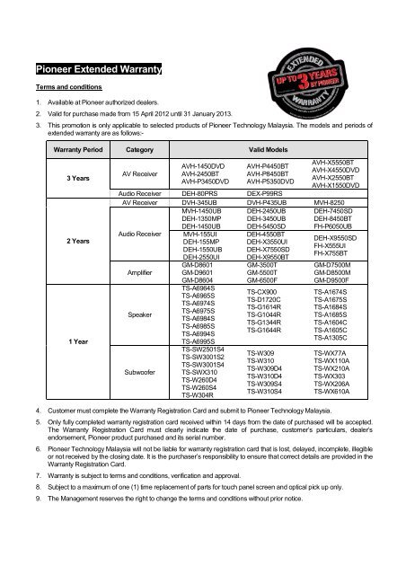 Extended Warranty terms and conditions - Pioneer