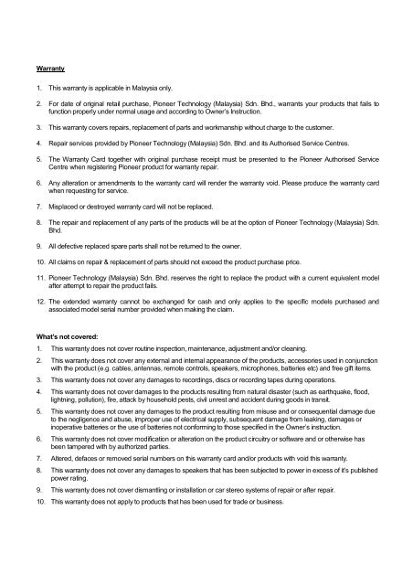 Extended Warranty terms and conditions - Pioneer