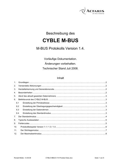 CYBLE MBUS V14 Protokol Doku