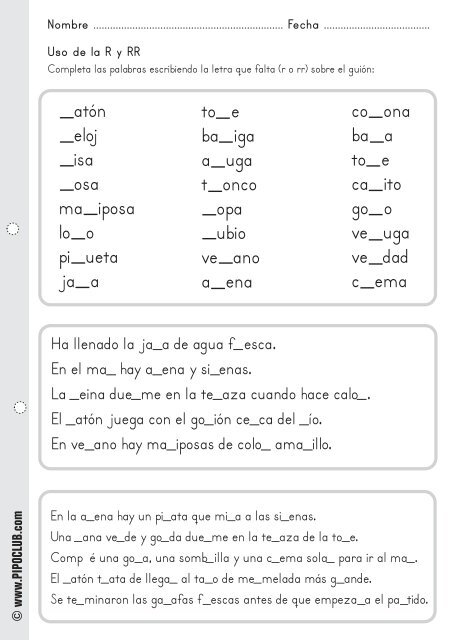 Completa las palabras escribiendo la letra que falta (r o rr ... - Pipo