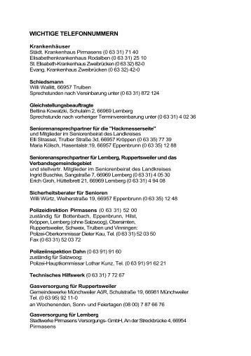 wichtige telefonnummern - Verbandsgemeinde Pirmasens-Land