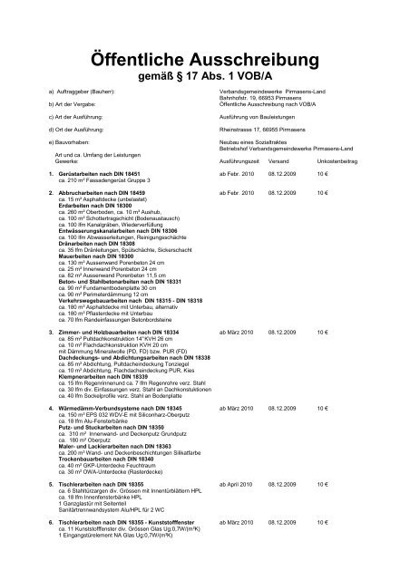 Ãffentliche Ausschreibung - Verbandsgemeinde Pirmasens-Land