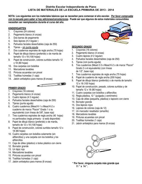 Distrito Escolar Independiente de Plano LISTA DE MATERIALES DE