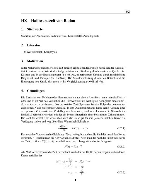 HZ Halbwertszeit von Radon