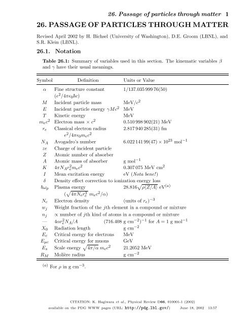 26. passage of particles through matter - Particle Data Group