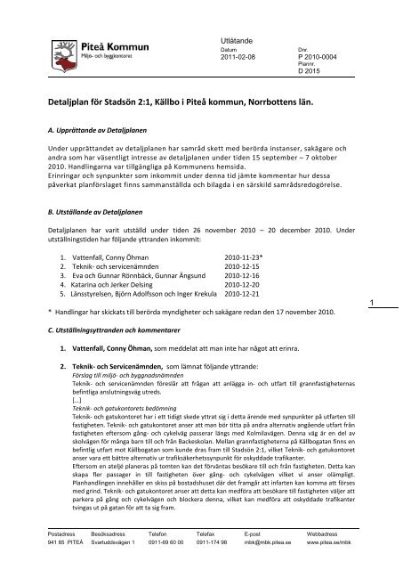 Detaljplan för Stadsön 2:1, Källbo i Piteå kommun, Norrbottens län.