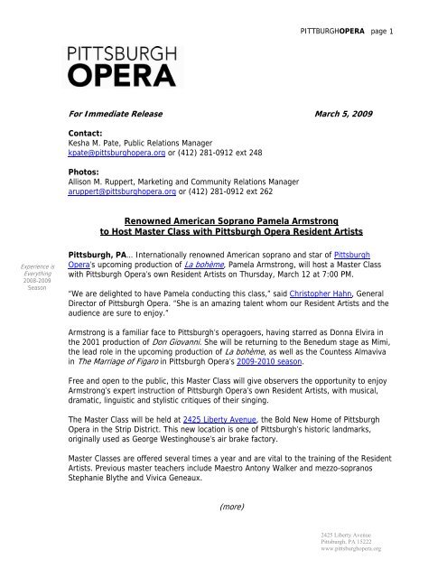 Armstrong Master Class Press Release - Pittsburgh Opera