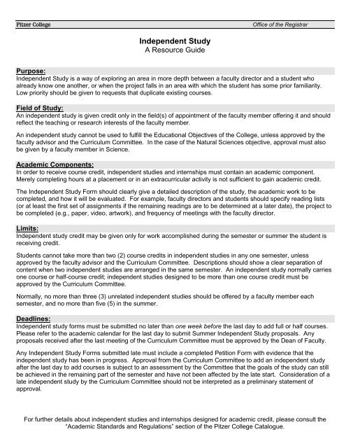 Training Independent Study Guide Examples Independent Study Form (with Resource Guide) - Pitzer College