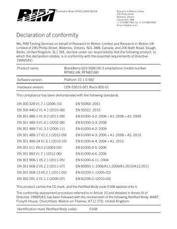 Declaration of conformity - BlackBerry UK