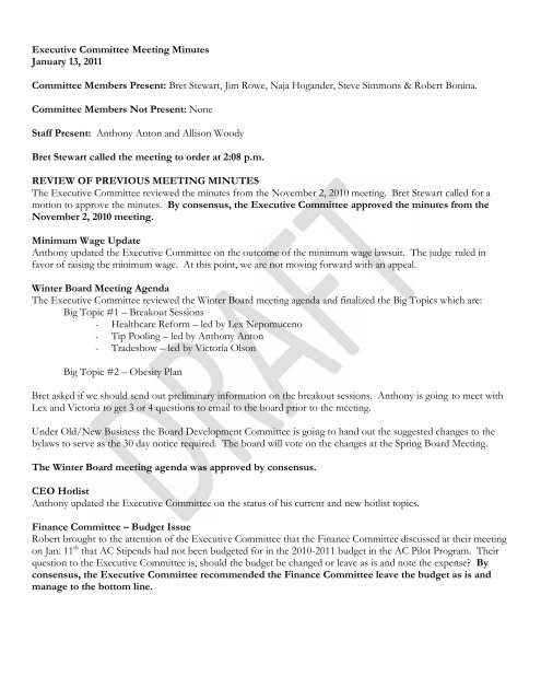Executive Committee Meeting Minutes January 13, 2011 Committee ...