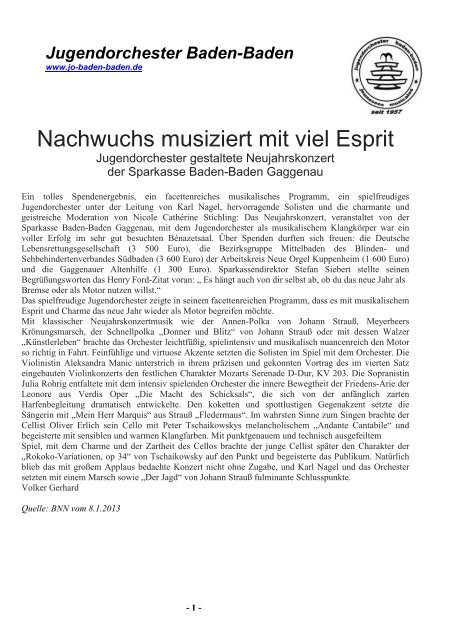 Nachwuchs musiziert mit viel Esprit - Jugendorchester Baden-Baden