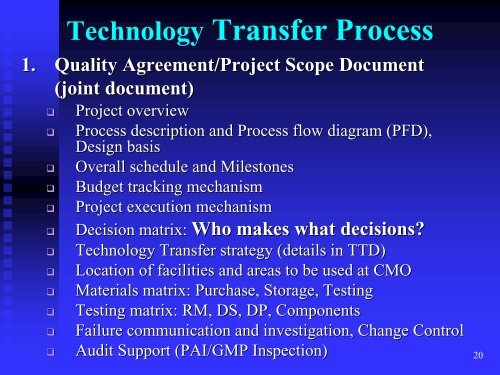 TECHNOLOGY TRANSFER OF STERILE PROPDUCTS - IIR