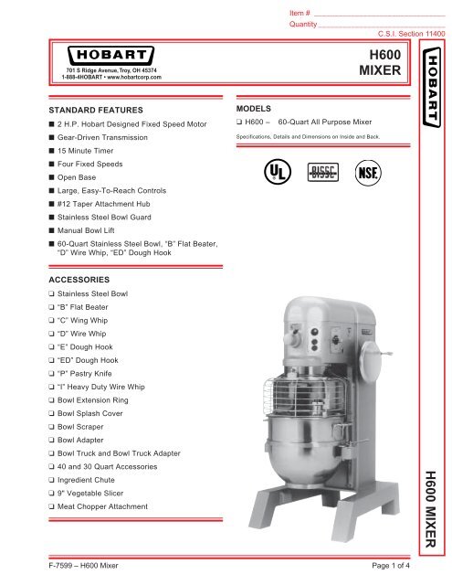 Hobart H-600 Specifications - PizzaOvens.com