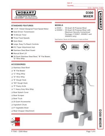 Hobart D330 Specifications - PizzaOvens.com