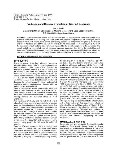 sensory evaluation of tigernut beverage in cape coast district of g