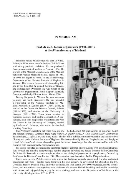 IN MEMORIAM Prof. dr med. Janusz Jeljaszewicz (1930â2001) at ...
