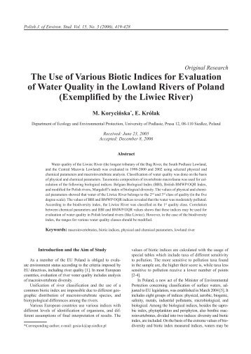 The Use of Various Biotic Indices for Evaluation of Water Quality in ...