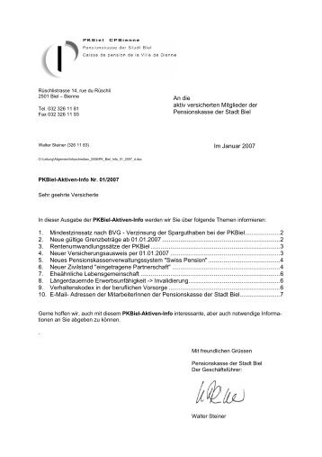 An die aktiv versicherten Mitglieder der Pensionskasse der Stadt ...