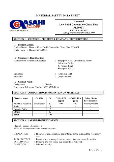 MATERIAL SAFETY DATA SHEET