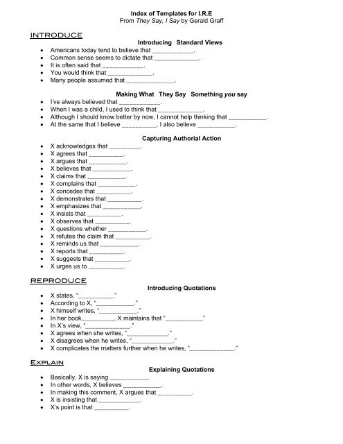 Index Of Templates For I R E From They Say I Say By Gerald Graff 