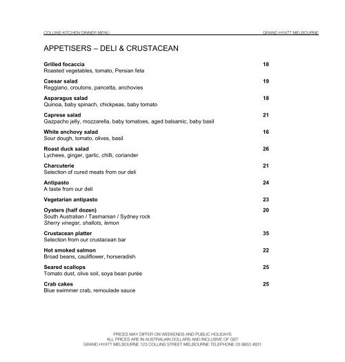 CK Dinner Menu Collins Kitchen