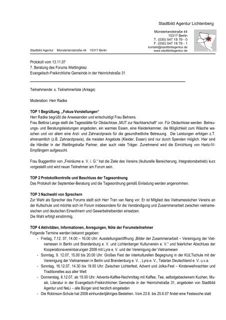 Stadtbild Agentur Lichtenberg Protokoll vom 13.11.07 7. Beratung ...