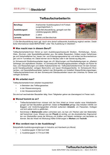 Tiefbaufacharbeiter/in Steckbrief Tiefbaufacharbeiter/in - BERUFEnet