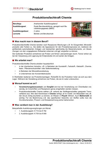 Produktionsfachkraft Chemie Steckbrief ... - BERUFEnet