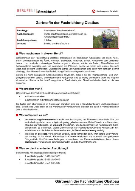 GÃ¤rtner/in der Fachrichtung Obstbau Steckbrief