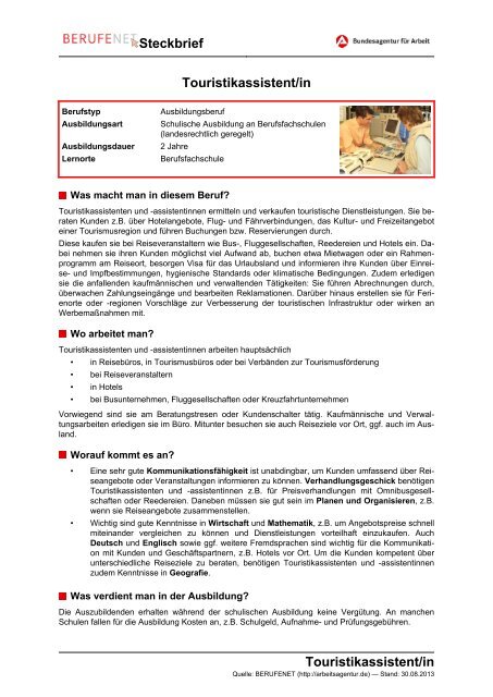 Touristikassistent/in Steckbrief Touristikassistent/in - BERUFEnet