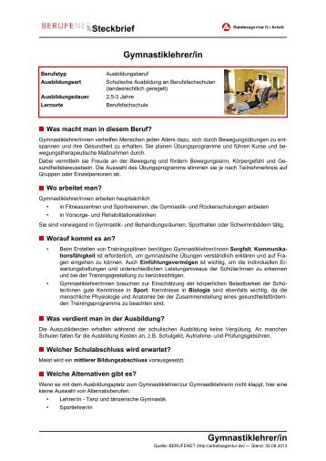 Gymnastiklehrer/in Steckbrief Gymnastiklehrer/in - BERUFEnet