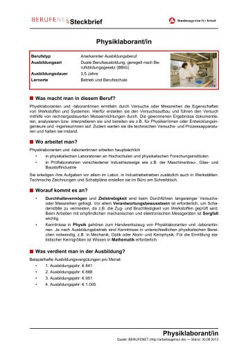 Physiklaborant/in Steckbrief Physiklaborant/in - BERUFEnet