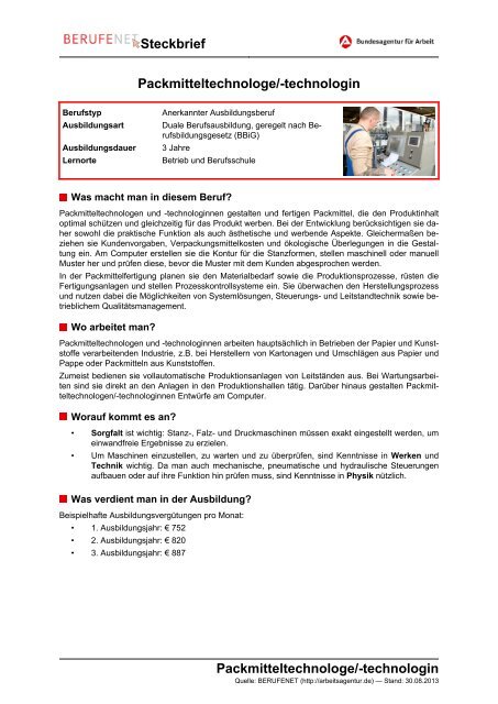 Packmitteltechnologe/technologin Steckbrief