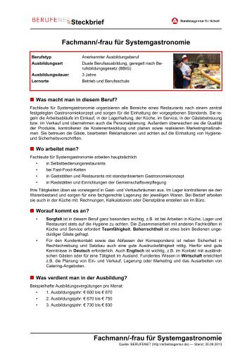 Fachmann/-frau fÃ¼r Systemgastronomie Steckbrief ... - BERUFEnet