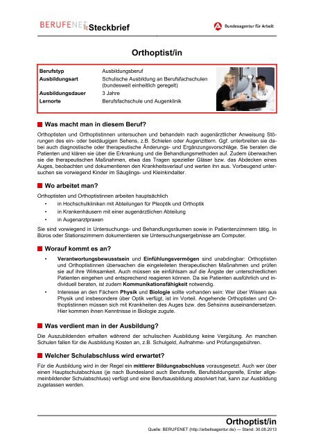 Orthoptist/in Steckbrief Orthoptist/in - BERUFEnet