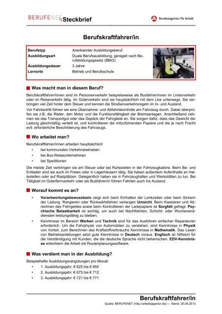 Berufskraftfahrer/in Steckbrief Berufskraftfahrer/in - BERUFEnet