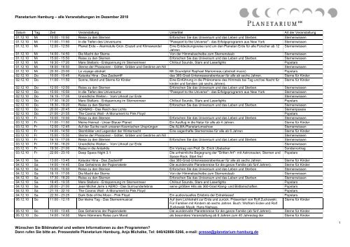 Planetarium Hamburg – alle Veranstaltungen im Dezember 2010 ...