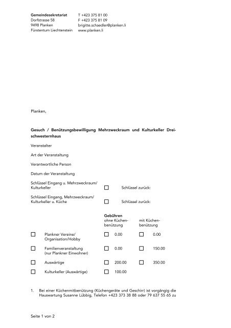 Gesuch Benützungsbewilligung Mehrzweckraum/Kulturkeller ...