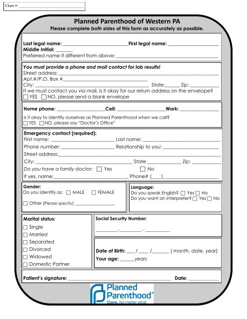 Family Planning Intake Form - Planned Parenthood