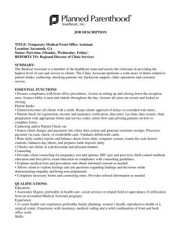 JOB DESCRIPTION TITLE - Planned Parenthood