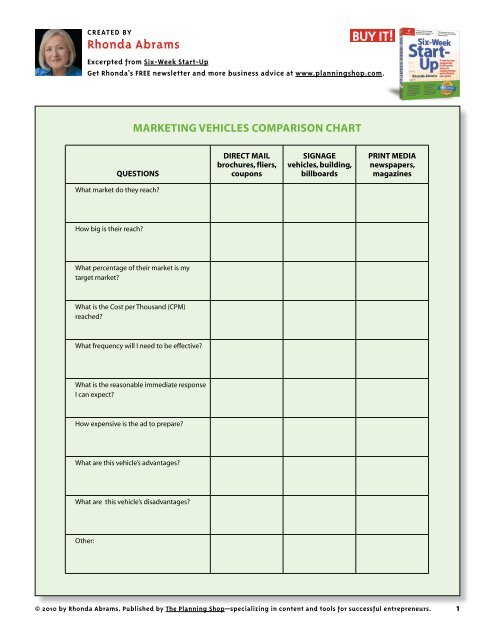 Marketing Vehicles Comparison Chart