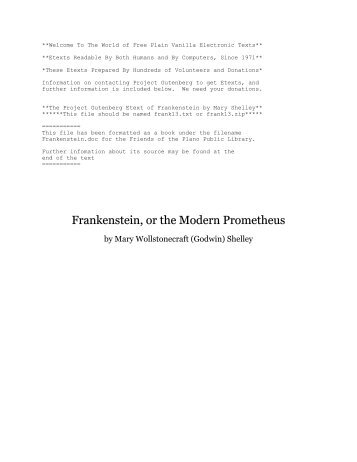 Frankenstein, or the Modern Prometheus - Plano Library Support ...